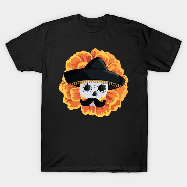 Charro mexican kawaii cute sugar skull mexican style cempasúchil mustache mexican sombrero skeleton T-Shirt by T-Mex